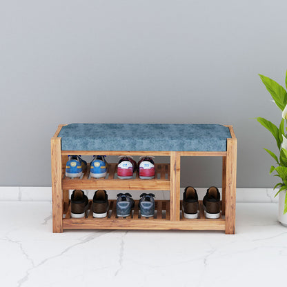Natural Wood Shoe Bench with Blue Cushion and Double Storage,  IM-10047