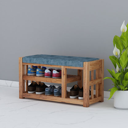 Natural Wood Shoe Bench with Blue Cushion and Double Storage,  IM-10047