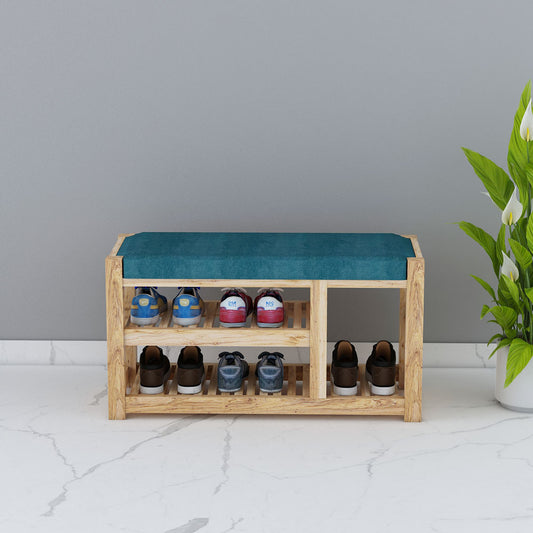 Natural Wood Shoe Bench with Teal Cushion and Double Storage, IM-10048