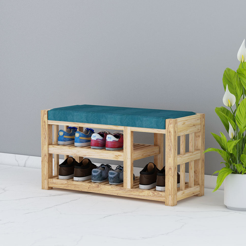 Natural Wood Shoe Bench with Teal Cushion and Double Storage, IM-10048