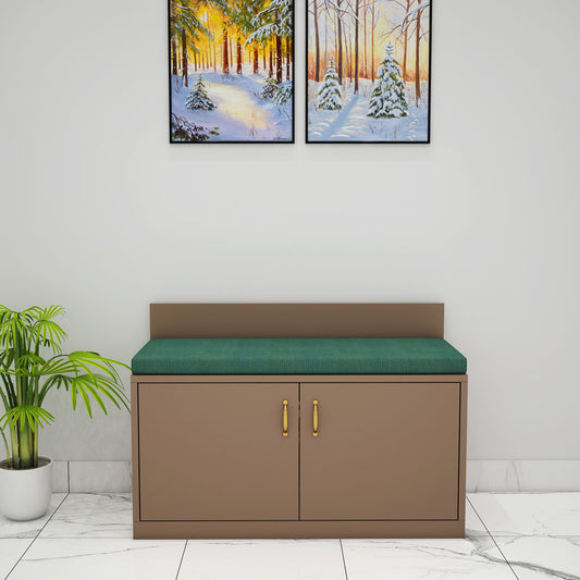 Brown Wooden Entryway Shoe Bench with Green Cushion, Storage Compartments and Side Planter, IM-10049