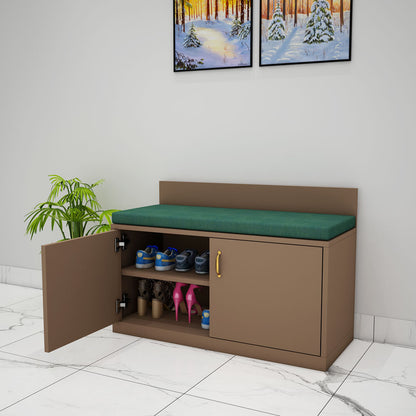 Brown Wooden Entryway Shoe Bench with Green Cushion, Storage Compartments and Side Planter, IM-10049