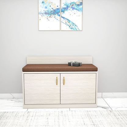 Light Oak Shoe Rack with Cushioned Seating, Dual-Door Storage & Back Panel for Entryway Comfort – IM-10050