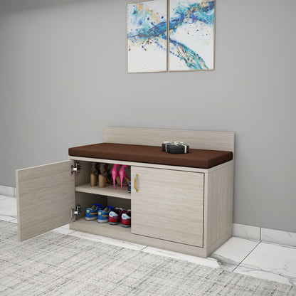Light Oak Shoe Rack with Cushioned Seating, Dual-Door Storage & Back Panel for Entryway Comfort – IM-10050