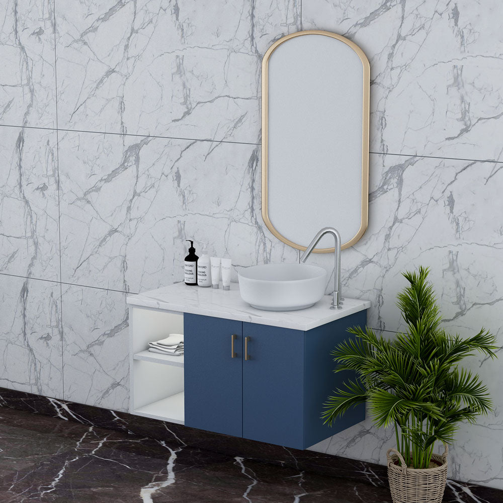 Vanity, Blue & White Vanity, Vanity with Marble Top,  Vanity with shutter, Vanity with Open Shelf, Vanity - IM-146