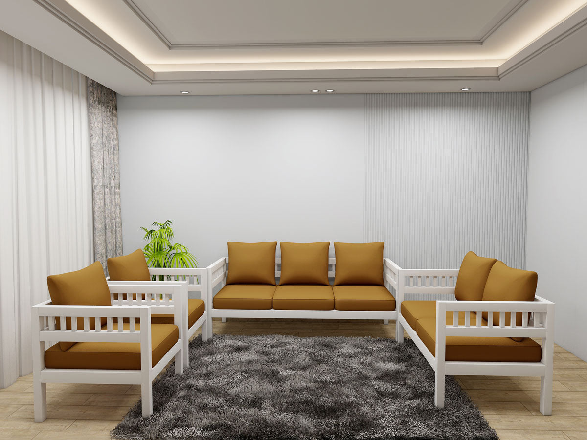 Sofa Set, Solid Wood Sofa, Sofa For Living Room, White & Golden Color Sofa, Sofa with Golden Fabric, Sofa Set - IM- 4062