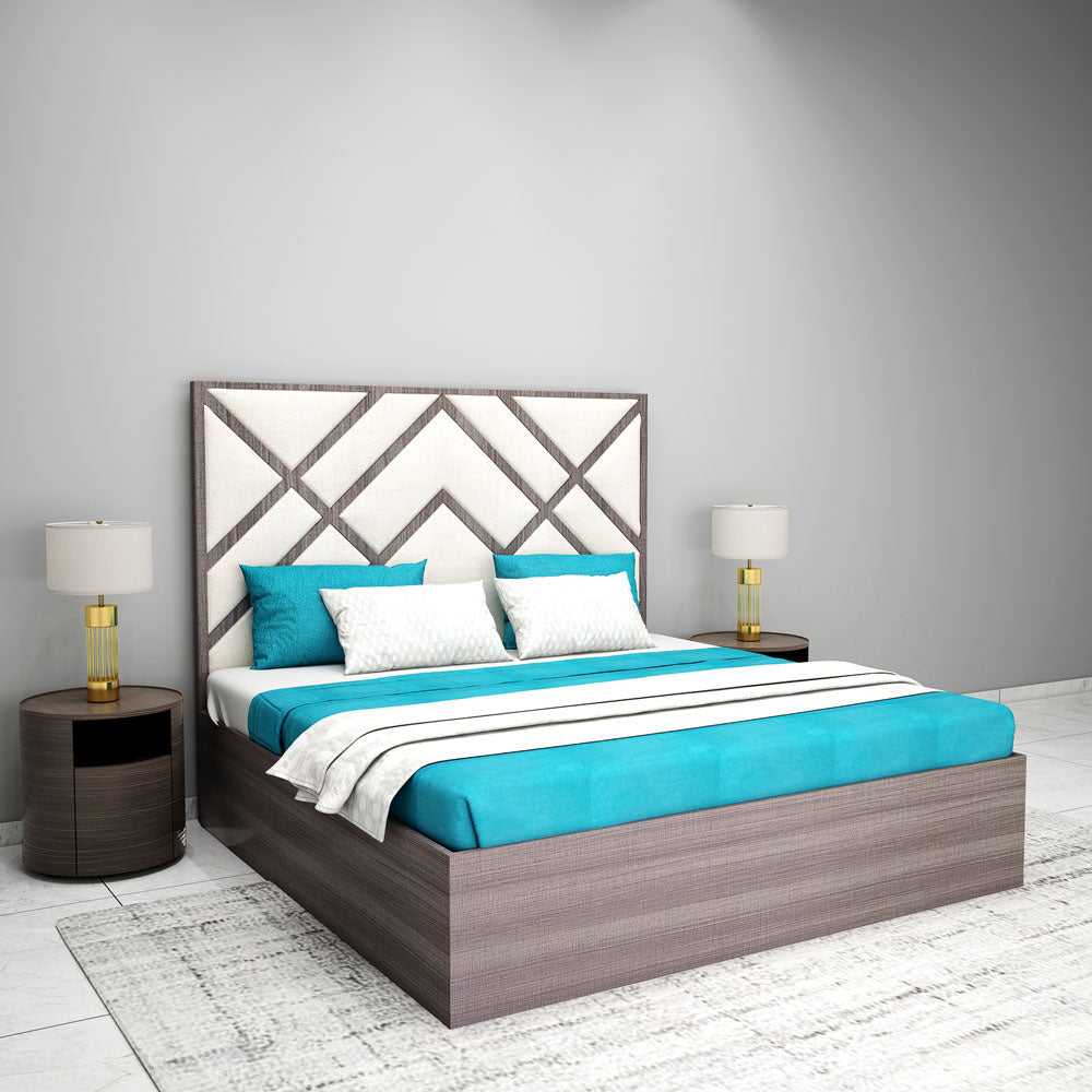 Bed, King  Bed, Dark Wood & Beige Color Bed, Bed With Beige Fabric, Bed with storage,  Bed- IM - 5053