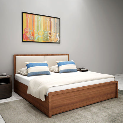 Bed, King  Bed, Dark Wood & Beige Color Bed, Bed With Beige Fabric, Bed with storage,  Bed- IM - 5055