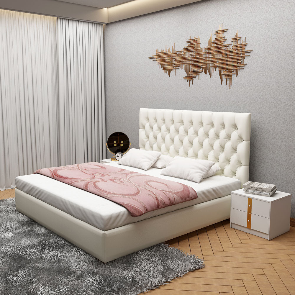 Bed, King  Bed, White Color Bed, Bed with White Fabric, Bed with storage, Bed- IM - 5058