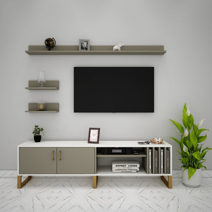 Entertainment Unit, White & Olive Green Color TV Unit, Entertainment Unit For Living & Bedroom Area, Entertainment Unit With Open Shelf, Entertainment Unit With Shutter, Entertainment Unit With MS Leg In Gold Finish, Entertainment Unit - IM - 10008