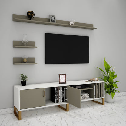 Entertainment Unit, White & Olive Green Color TV Unit, Entertainment Unit For Living & Bedroom Area, Entertainment Unit With Open Shelf, Entertainment Unit With Shutter, Entertainment Unit With MS Leg In Gold Finish, Entertainment Unit - IM - 10008