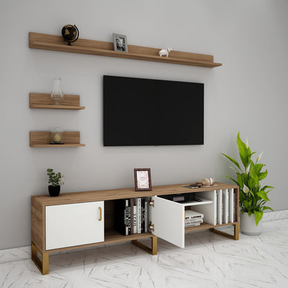 Entertainment Unit, White & Brown Color TV Unit, Entertainment Unit For Living & Bedroom Area, Entertainment Unit With Open Shelf, Entertainment Unit With Shutter, Entertainment Unit With MS Leg In Gold Finish, Entertainment Unit - IM - 10009