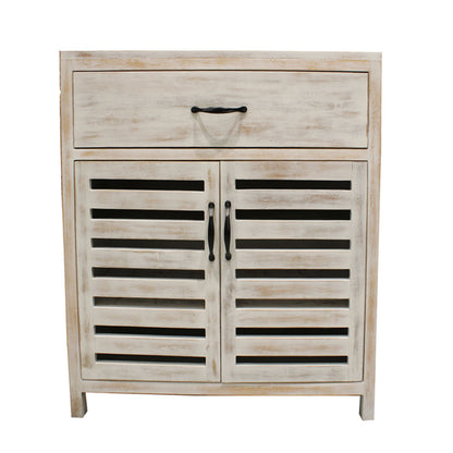 White Distressed Wood Shoe Cabinet with Slatted Doors and Drawer,  IM-10044