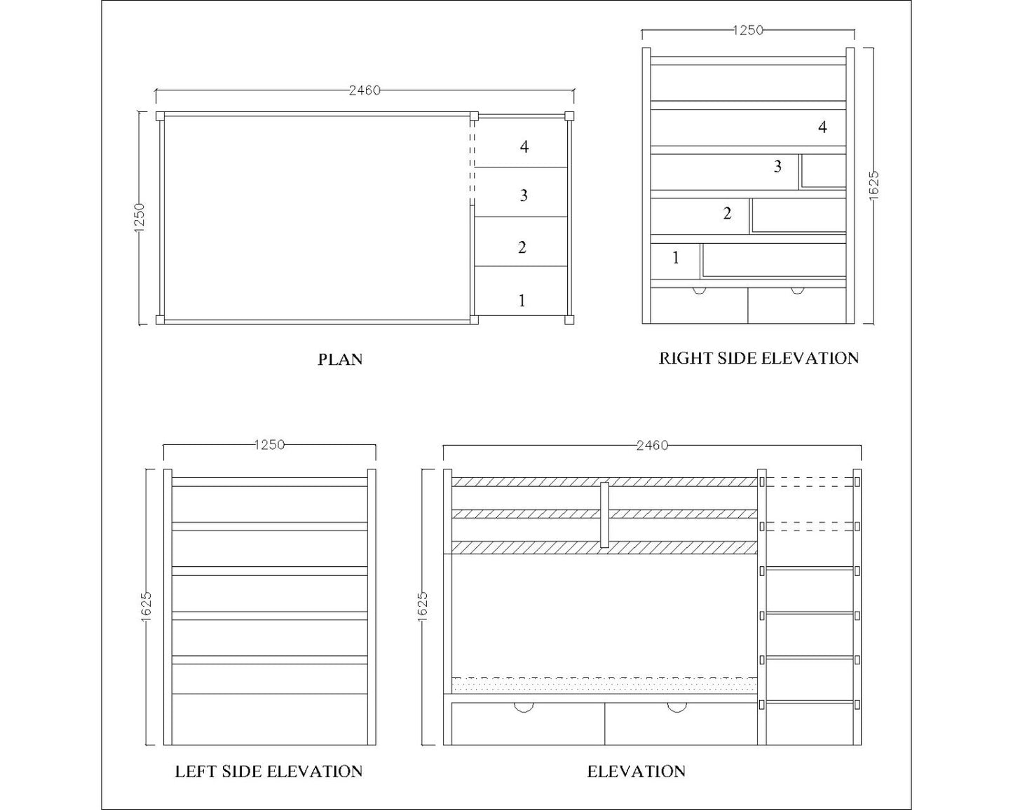 Bunk bed, bunk bed with steps in grey ,wooden bars on sides, storage drawers and open shelves, Bed-IM- 3014