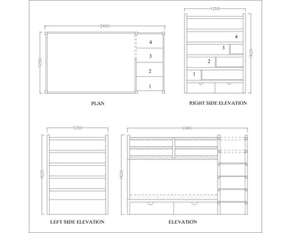 Bunk bed, bunk bed with steps in grey ,wooden bars on sides, storage drawers and open shelves, Bed-IM- 3014