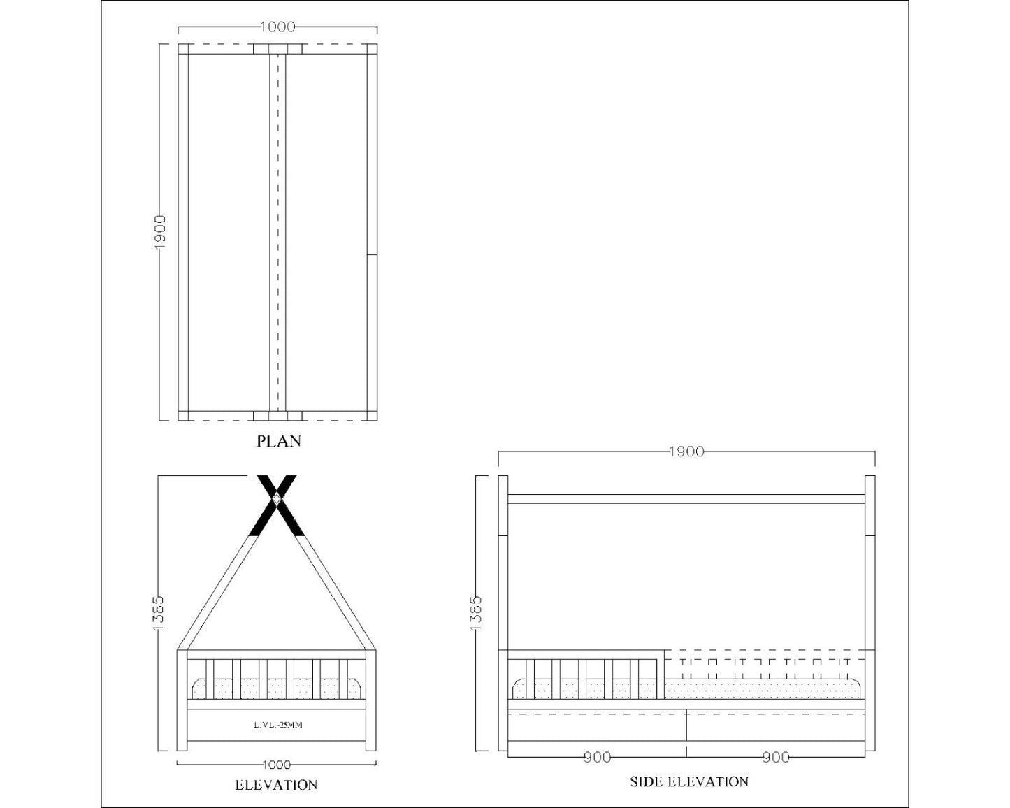 Tent bed, tent bed with battens in wood colour ,wooden bars on sides, storage drawers on front, Bed-IM- 3015