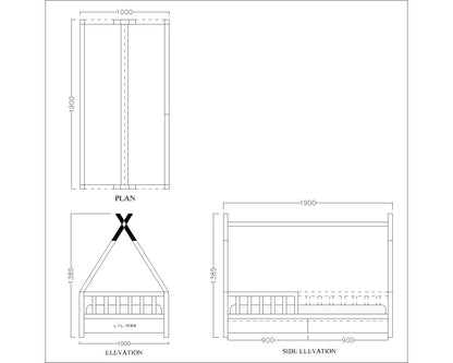 Tent bed, tent bed with battens in wood colour ,wooden bars on sides, storage drawers on front, Bed-IM- 3015