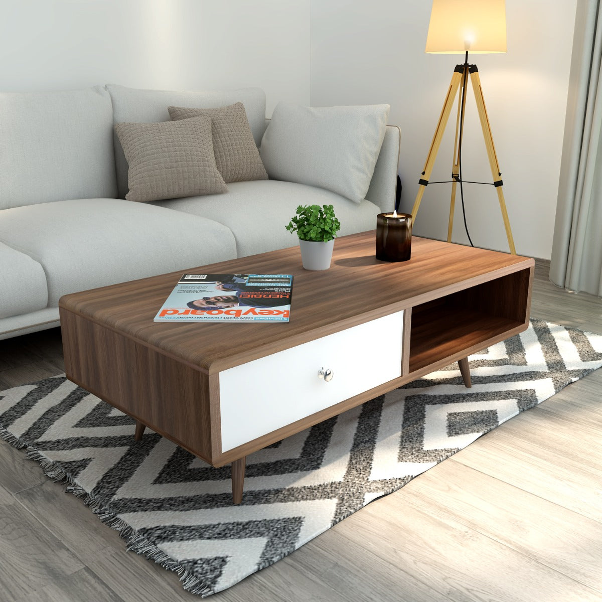 Rectangular Coffee Table ,coffee table for living/waiting area modern look coffee table in brown & white in prelaminate particle board with legs,Coffee Table - IM761