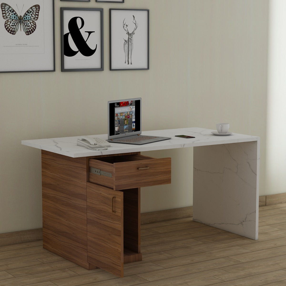 Office Table, White & Wood Office Table, Table for Office, MD Table, Office Table With drawer, Office Table with Shutter , Office Table - IM - 12070