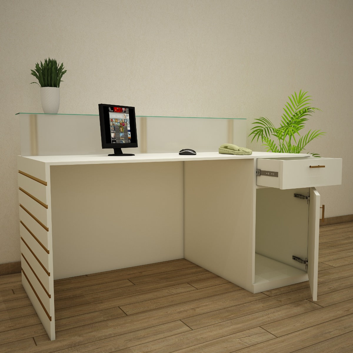 Office Table, White Office Table, Table for Office, Reception Table, Office Table With drawer, Office Table with Shutter , Office Table - EL - 12069