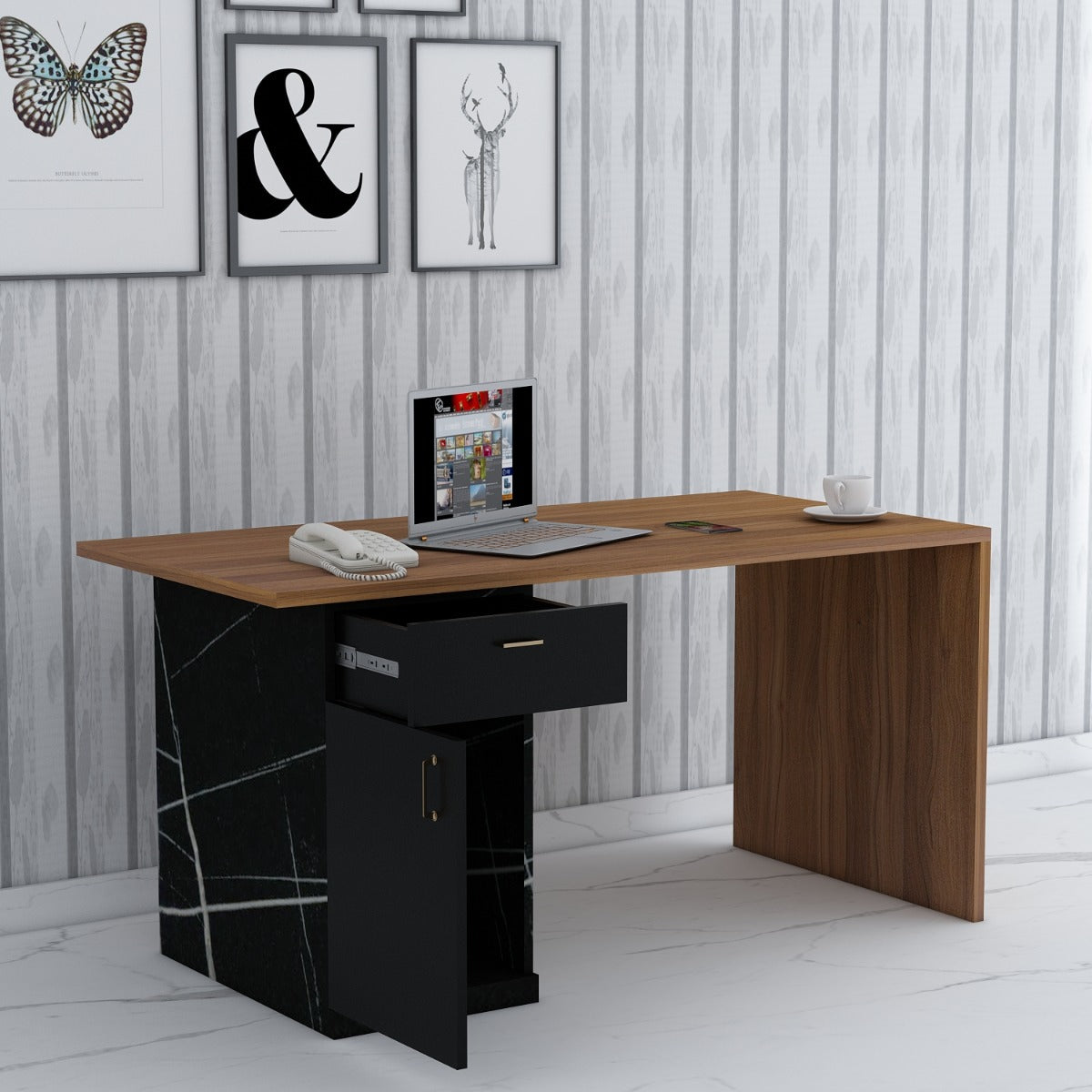 Office Table,  Wood & Black Office Table, Table for Office, MD Table, Office Table With drawer, Office Table with Shutter , Office Table - IM - 12069