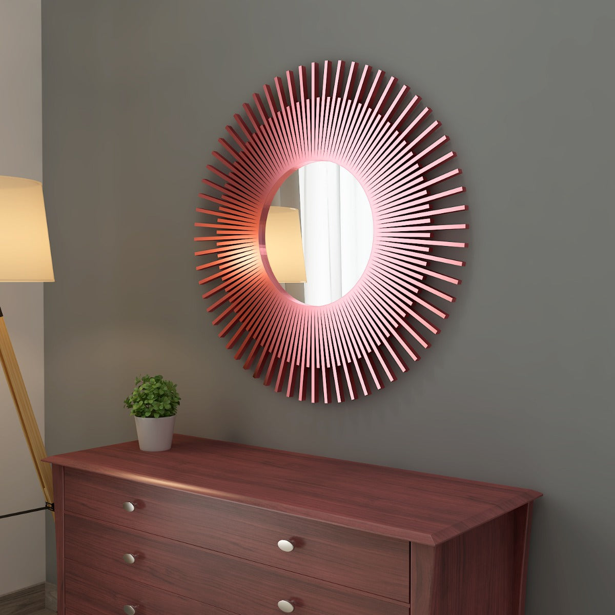 Wall mirror with wooden frame, Mirror for living/waiting/foyer  area MODERN look mirror in round  sun ,Mirror -EL485