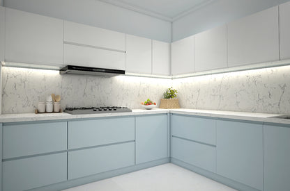 Kitchen, modular kitchen, acrylic finish modular kitchen, Luxurious kitchen, L shape kitchen, hi gloss finish kitchen, blue and white kitchen, Kitchen-IM- 8003