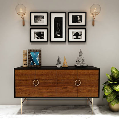 Console Table, Wood & Black Console Table, Console Table with Wood Shutter, Console Table with Metal Legs in Golden Finish,Console Table Shutter Handle with Golden Finish, Console Table - EL- 362