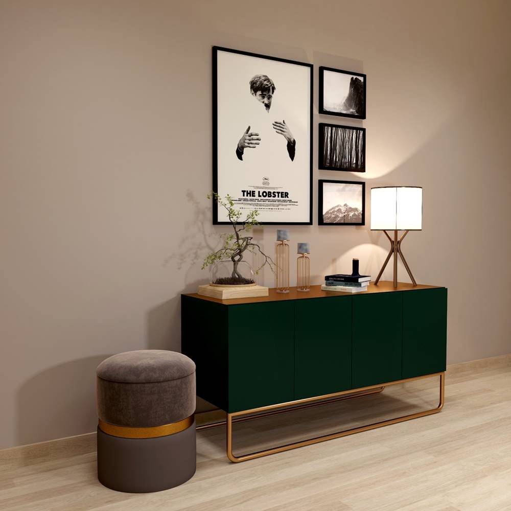 Console Table, Green & Gold Console Table, Console Table With Green Shutter & Finger Grooving Shutter, Console Table Leg In Gold Finish, Console Table - EL- 358