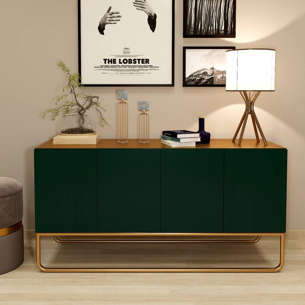 Console Table, Green & Gold Console Table, Console Table With Green Shutter & Finger Grooving Shutter, Console Table Leg In Gold Finish, Console Table - EL- 358