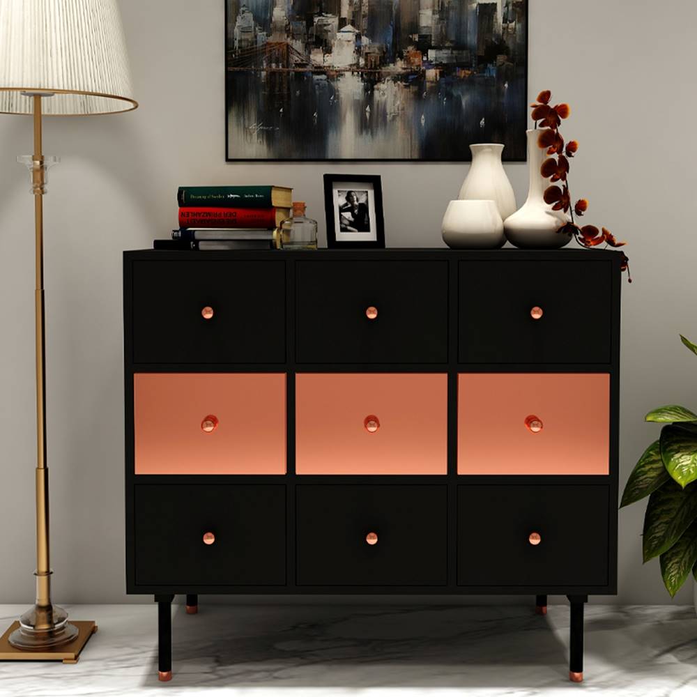 Chest of drawer, storage with drawer,  Console unit,multi storage unit, Storage for dressing, Wooden storage, Black & Rose gold unit, Cabinate, Designer Case, Hallway table  -IM- 258