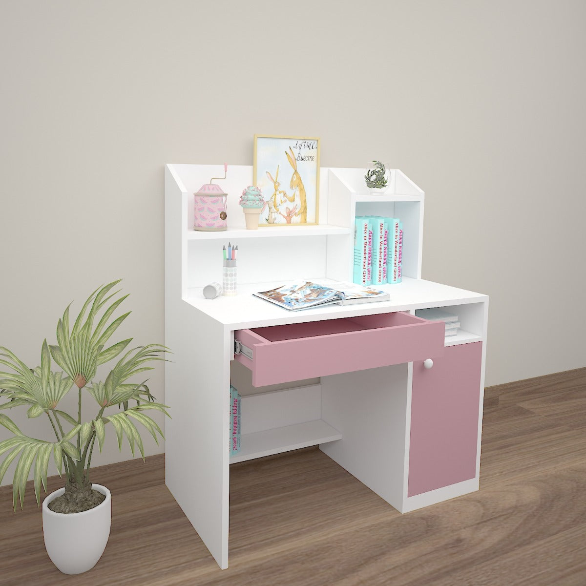 Kids Study Table, White & Pink Color Study Table, Study Table with Open Shelf, Study Table with Shutter, Study Table with Drawer, Study Table - EL - 12031