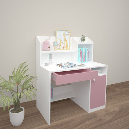 Kids Study Table, White & Pink Color Study Table, Study Table with Open Shelf, Study Table with Shutter, Study Table with Drawer, Study Table - EL - 12031