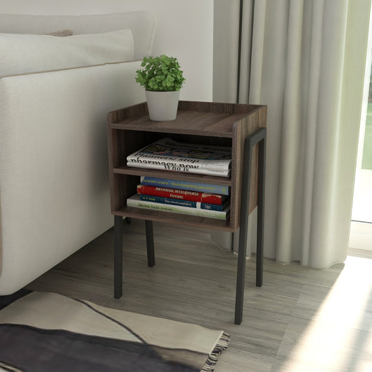 Wooden end Table , end table with MS legs & prelaminate particle board in open shelves , modern look wooden end table in brown & black ,Floor standing End Table - VI867