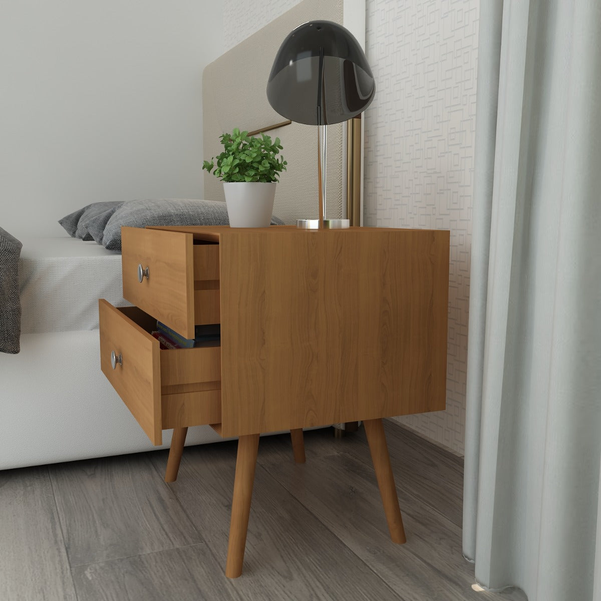 Wooden Bedside Table , Bedside Table with wooden legs ,  wooden Bedside Table in brown with drawers,Floor standing, Bedside Table- IM772