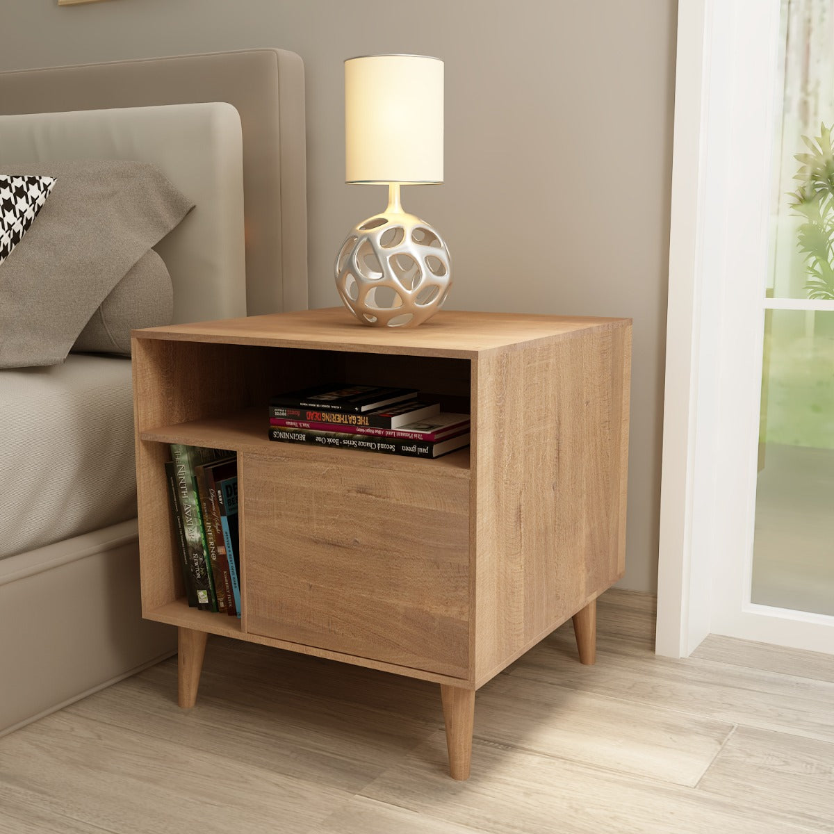 Wooden Bedside Table , Bedside Table with wooden legs ,  wooden Bedside Table in brown with open shelves & shutter,Floor standing, Bedside Table- IM771