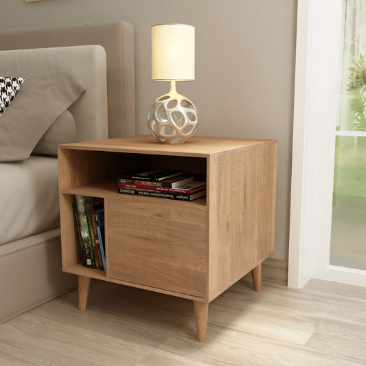 Wooden Bedside Table , Bedside Table with wooden legs ,  wooden Bedside Table in brown with open shelves & shutter,Floor standing, Bedside Table- IM771