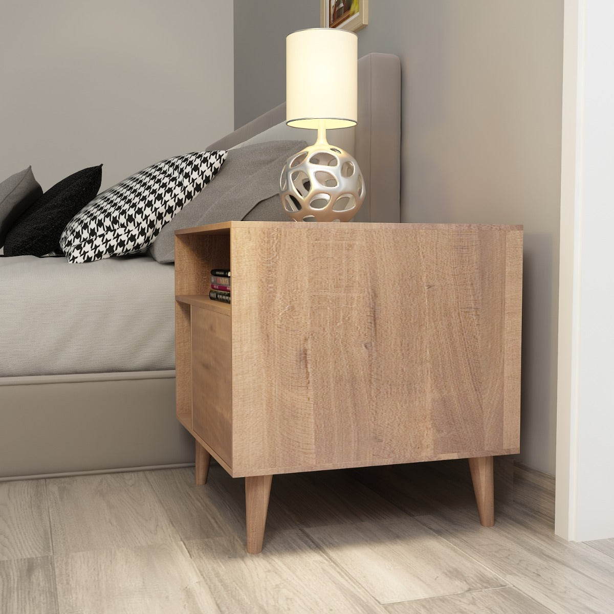 Wooden Bedside Table , Bedside Table with wooden legs ,  wooden Bedside Table in brown with open shelves & shutter,Floor standing, Bedside Table- IM771