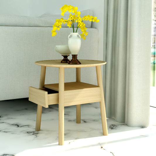 Wooden round end Table , end table with wooden legs & drawer , modern look wooden end table in brown ,Floor standing End Table - IM769