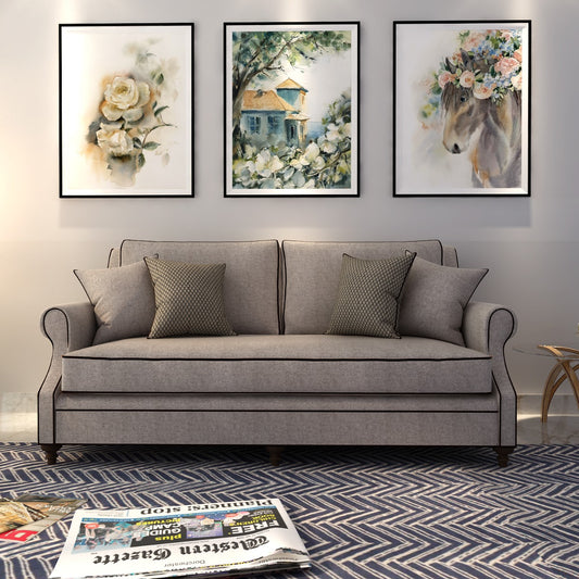 2 Seater Rectangular sofa with upholstery fabric ,Sofa in grey upholstery  fabric with wooden legs , Sofa-IM-2002