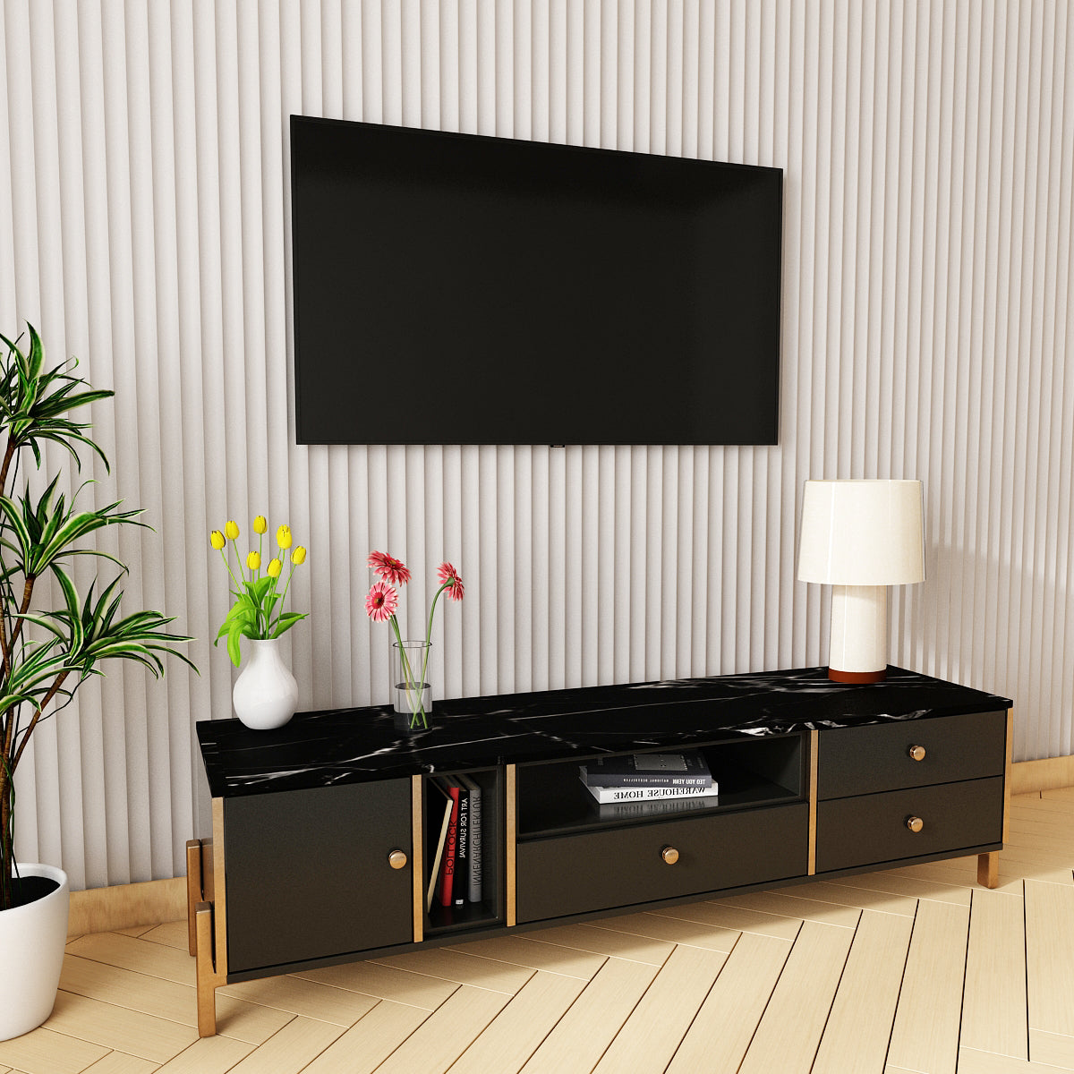 Entertainment Unit, Grey & Black Color Entertainment Unit for Living & Bedroom Area, Entertainment Unit with MS Leg in Gold Finish, Entertainment Unit-IM-10010