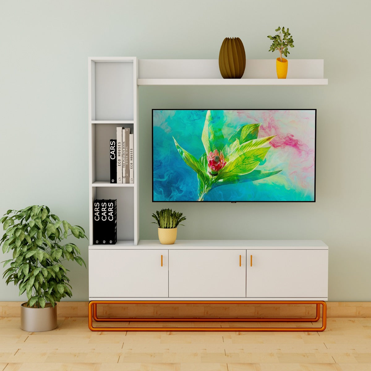 Entertainment Unit, White Color Entertainment Unit, Entertainment Unit for Living & Bedroom Area, Entertainment Unit with Open Shelf, Entertainment Unit with Shutter, Entertainment Unit with MS Leg in Gold Finish, Entertainment Unit - VT - 10007