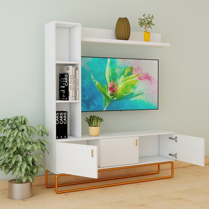 Entertainment Unit, White Color Entertainment Unit, Entertainment Unit for Living & Bedroom Area, Entertainment Unit with Open Shelf, Entertainment Unit with Shutter, Entertainment Unit with MS Leg in Gold Finish, Entertainment Unit - VT - 10007