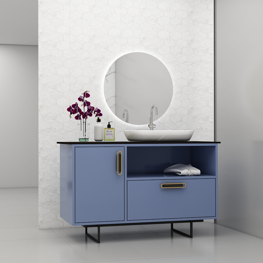 Vanity, Blue Color Vanity, Black Corian Top, Vanity with Shutter & Drawer, MS Leg with Black Paint Finish, Vanity - VI303