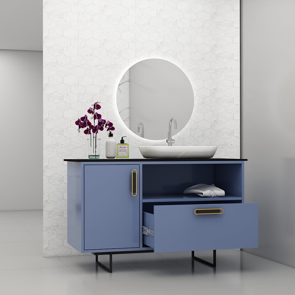 Vanity, Blue Color Vanity, Black Corian Top, Vanity with Shutter & Drawer, MS Leg with Black Paint Finish, Vanity - VI303