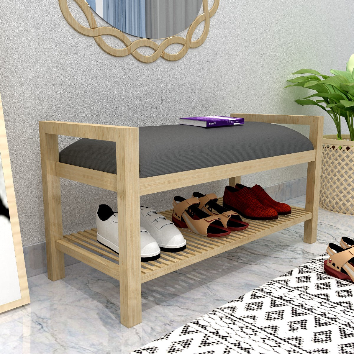 Natural Wood Daybed with Grey Cushion and Slatted Base,  VT-3002