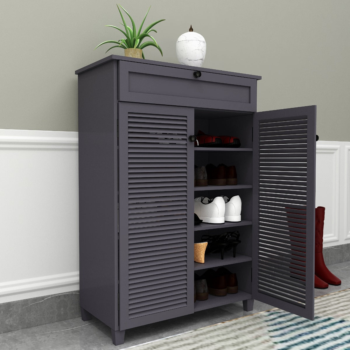 Dark Grey Slat Door Shoe Cabinet with Drawer,  IM-1006