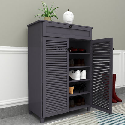 Dark Grey Slat Door Shoe Cabinet with Drawer,  IM-1006