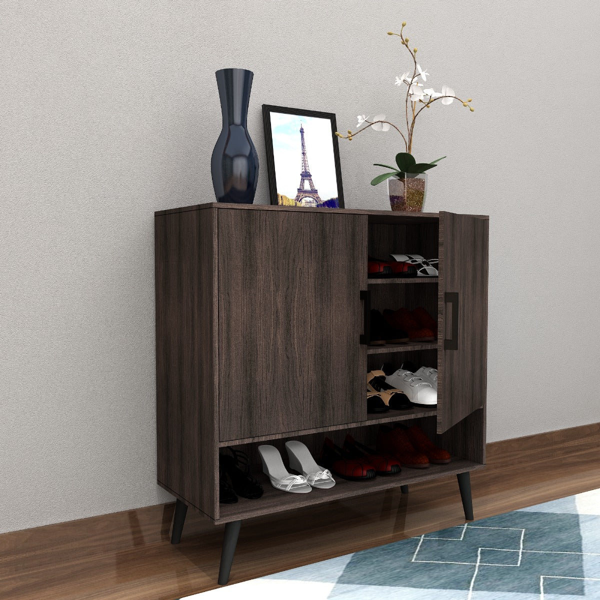 Dark Walnut Wooden Shoe Cabinet with Open & Closed Storage – IM-1007