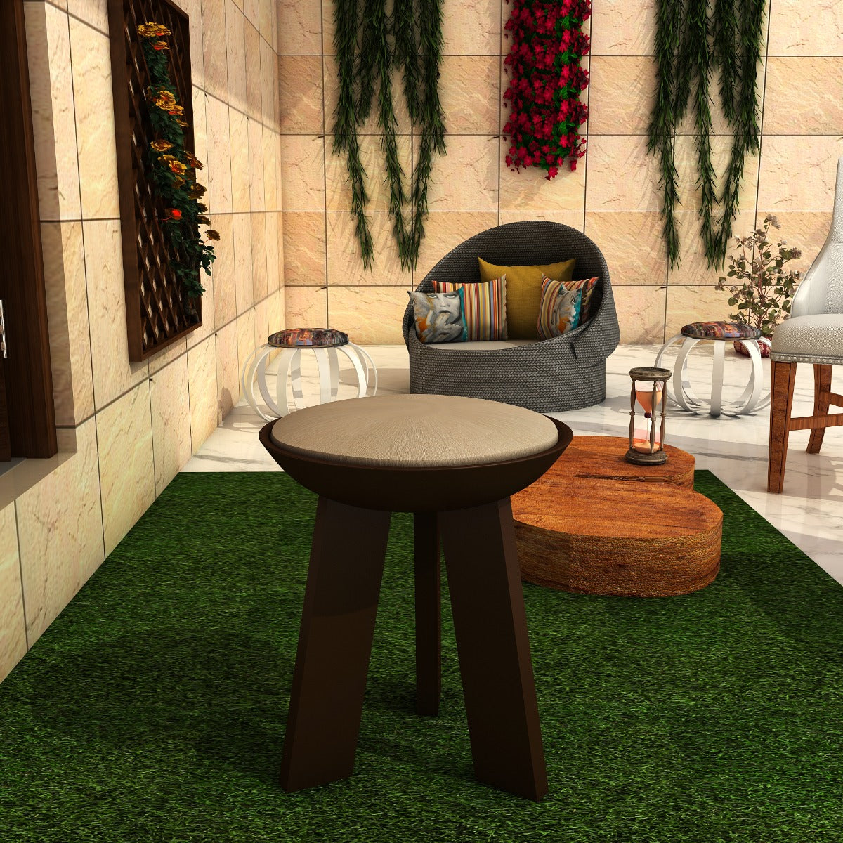 Seating stool in wood with cushioned seat in fabric,utility stool for seating,Floor standing stool in brown,Seating stool in vintage look,Seating -VI551